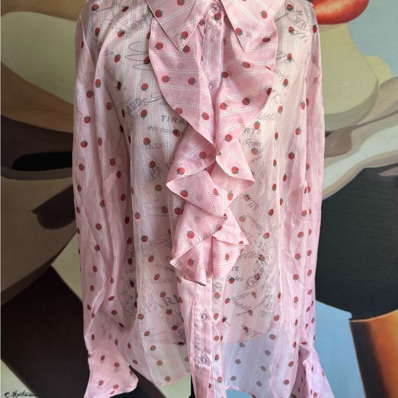 Smak Parlour Curve Pink Strawberries Stripe sheer Ruffle Blouse 2XL - Picture 4 of 7